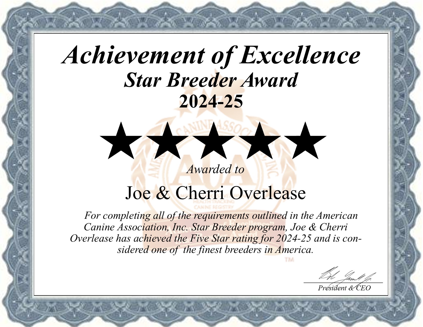 Joe and Cherri, Overlease, dog, breeder, star, certificate, Joe and Cherri-Overlease, Miller, OH, Ohio, puppy, dog, kennels, mill, puppymill, usda, 5-star, aca, ica, registered, Cocker Spaniel